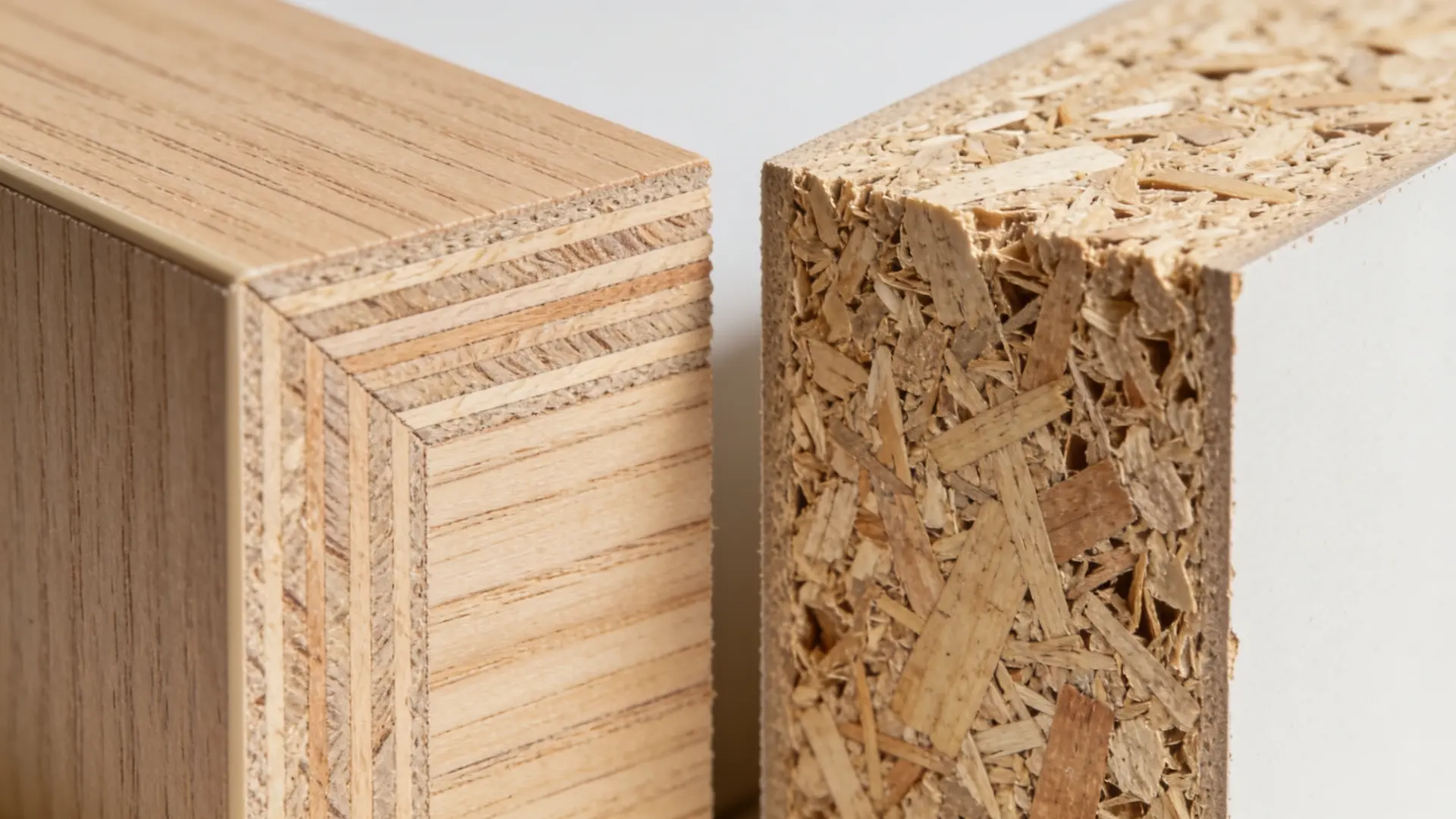 comparison of plywood and particleboard cabinet box materials side by side