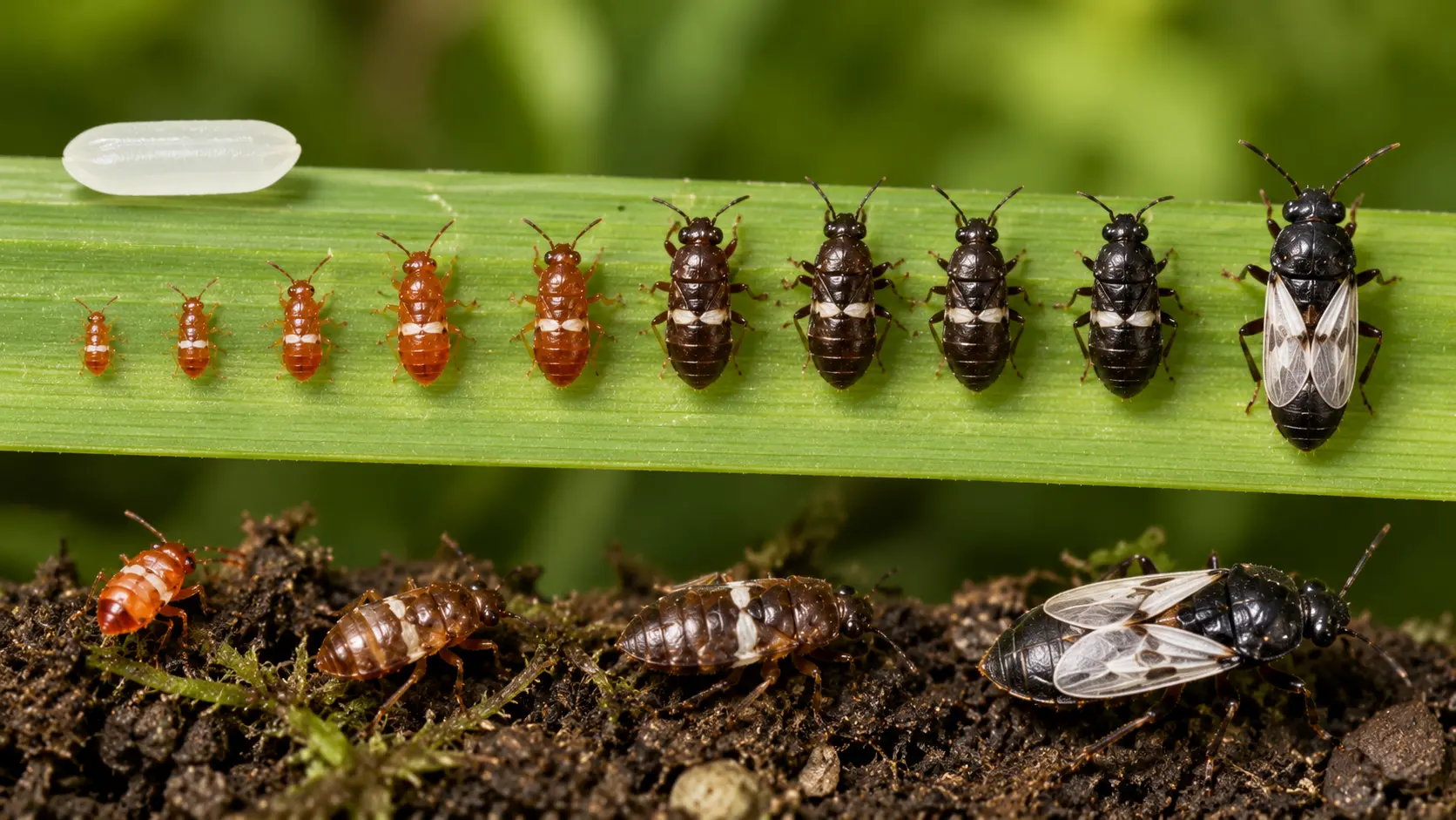 closeup of adult chinch bugs and red-orange nymphs on grass, showing their white wing markings and changing colours as they mature