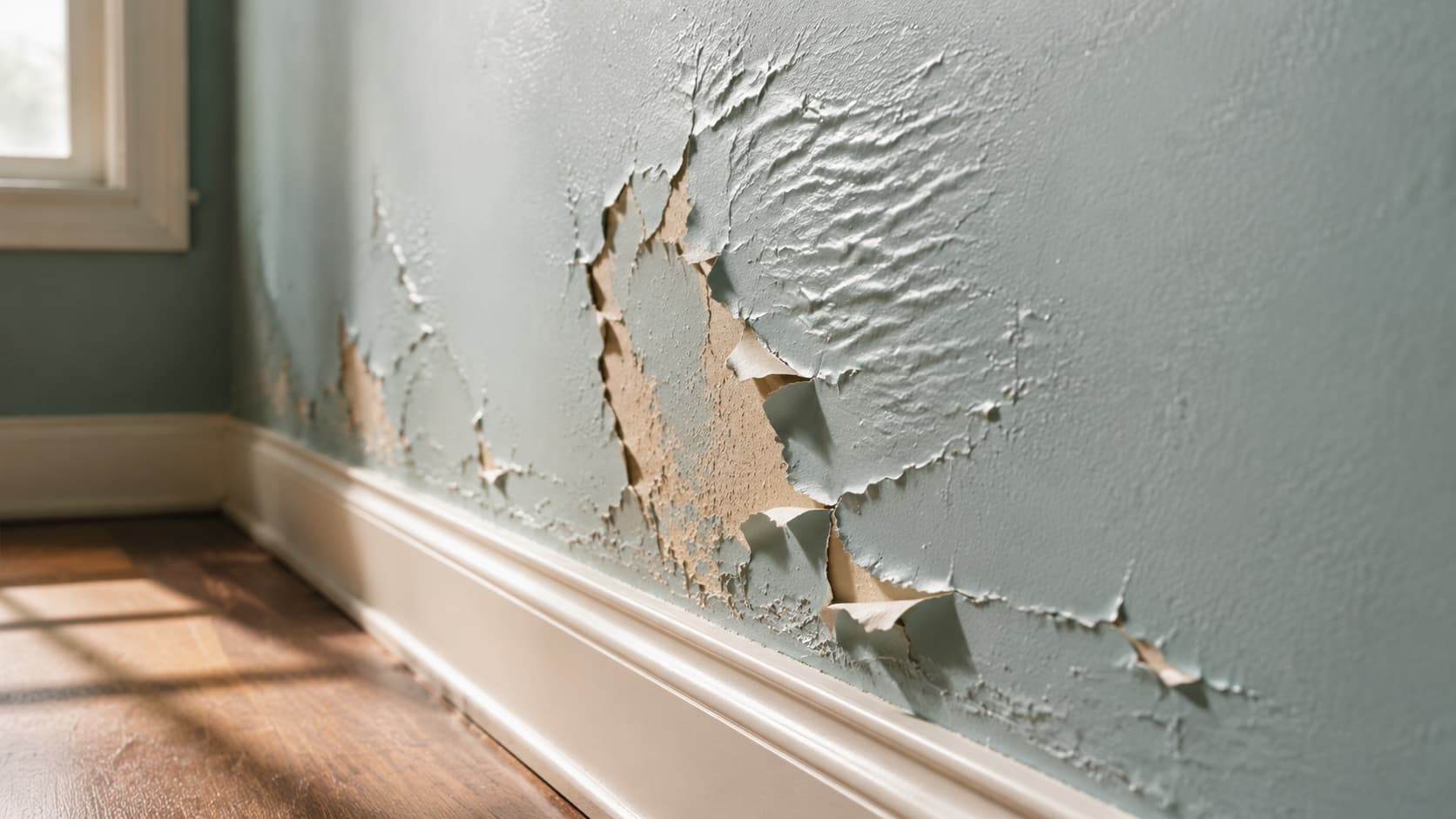peeling and wrinkled wall paint caused by recoating too soon with damaged finish above a white baseboard