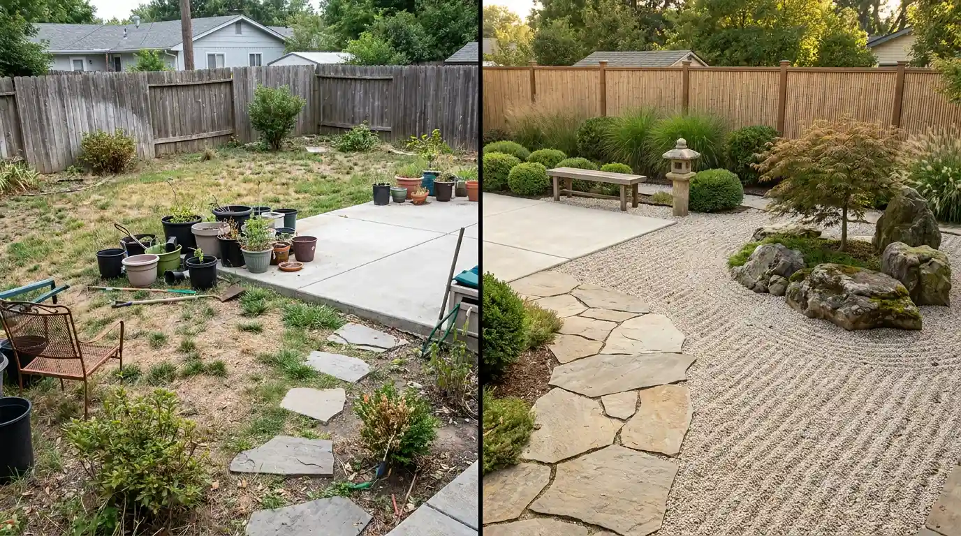 zen garden ideas showing a calm backyard corner with stones, soft plants, and one quiet focal point