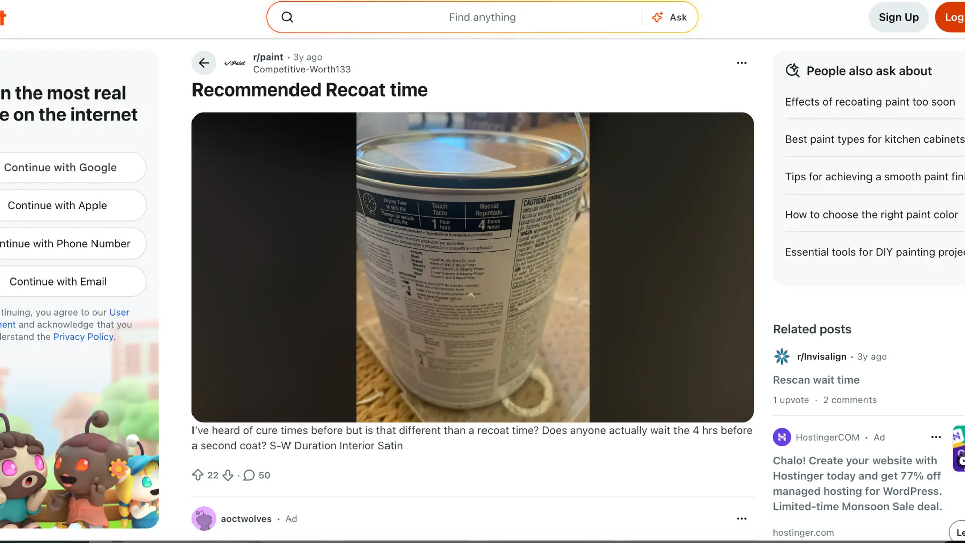 reddit post discussing recommended paint recoat time with a close-up of a paint can drying instructions