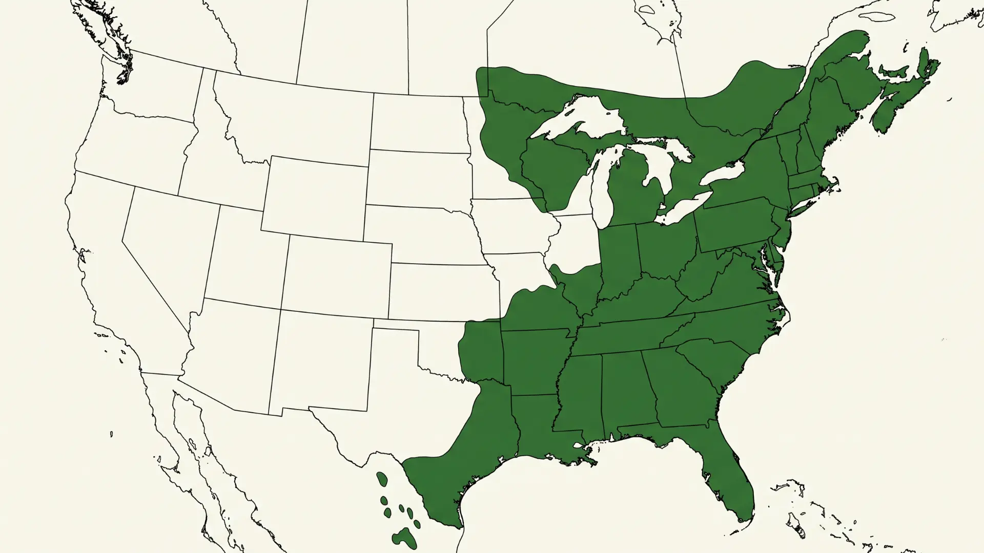 map of eastern north america with green shaded areas showing where american beech trees naturally grow