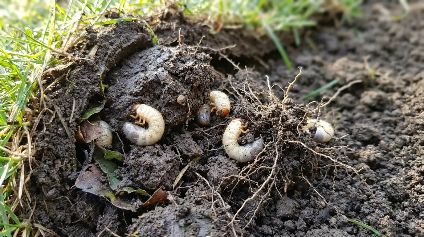 several white c-shaped lawn grubs rest among tangled roots and moist soil beneath healthy grass