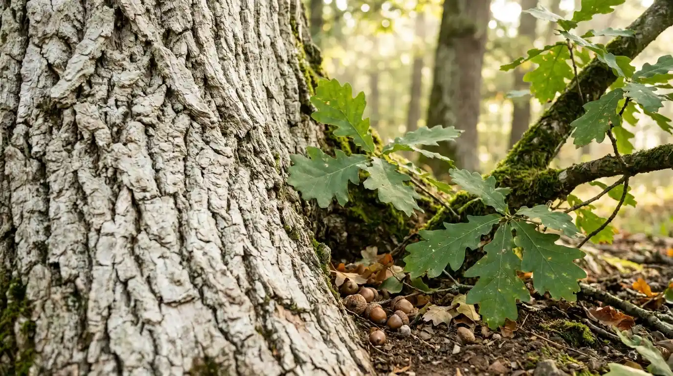 white oak tree with rounded leaves pale bark and acorns