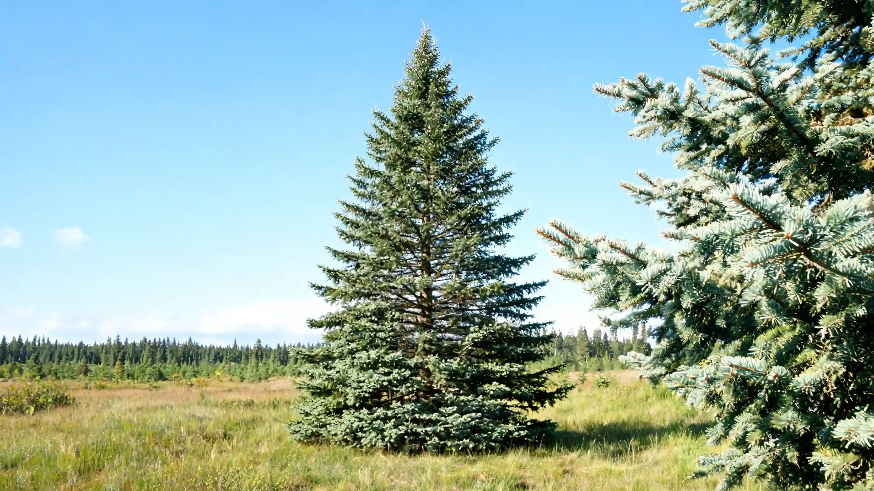 dense white spruce with pale green needles and a balanced cone shape in a northern canadian clearing