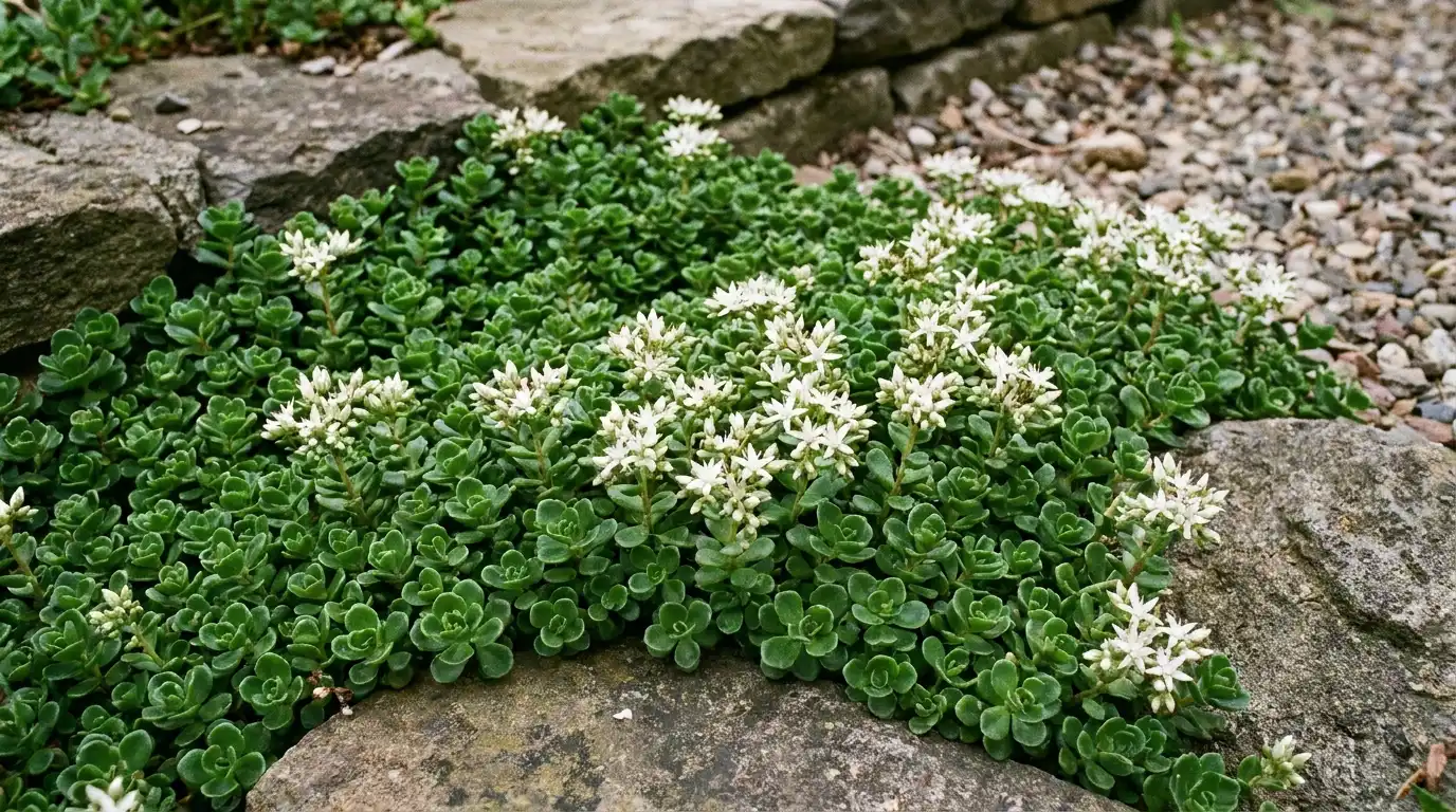 white stonecrop forming a dense green mat with small white flowers between natural garden rocks