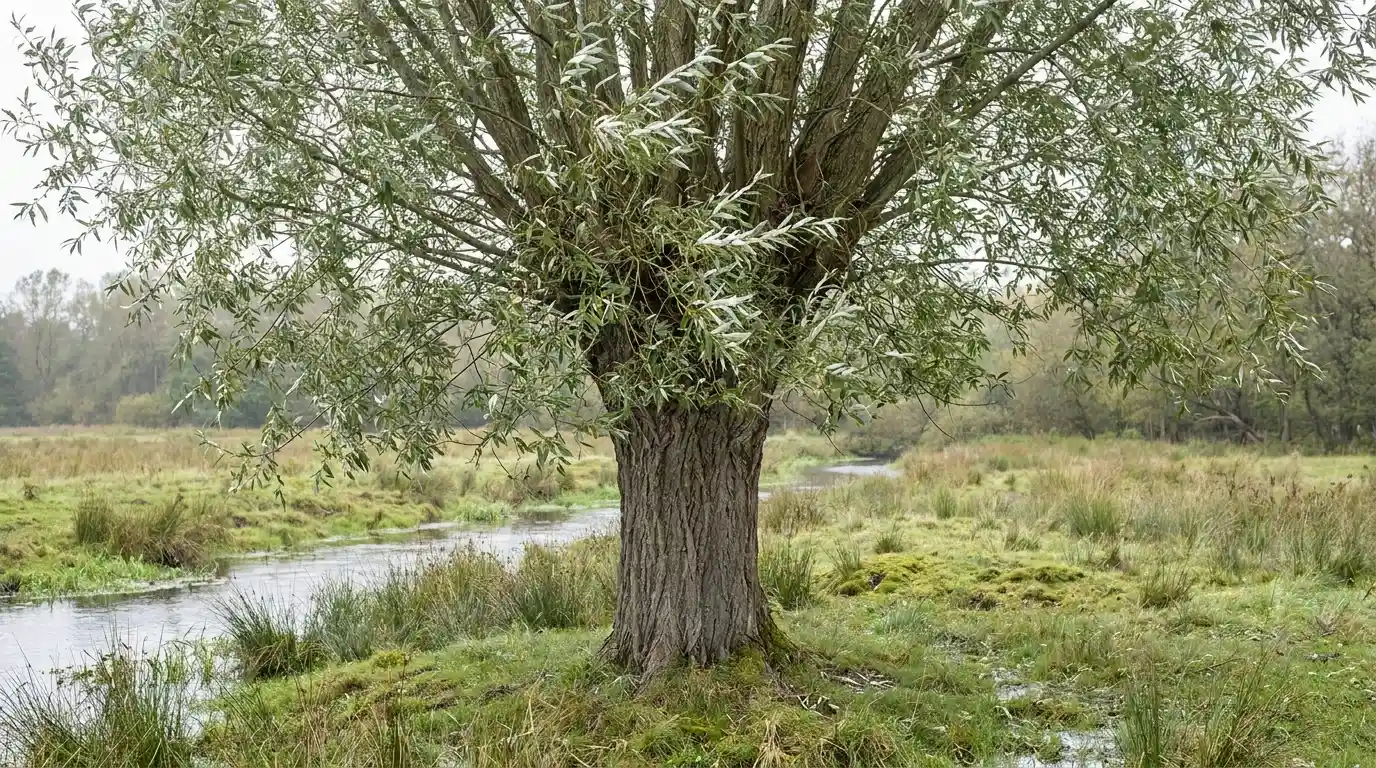 white willow with pale narrow leaves and a sturdy ridged trunk growing beside a calm meadow stream