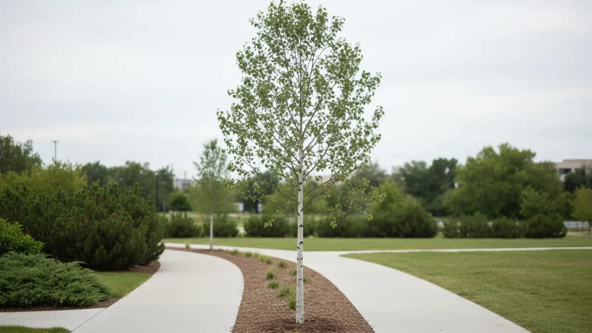 young whitespire birch with a slim white trunk and upright crown grows beside a curved landscaped walkway