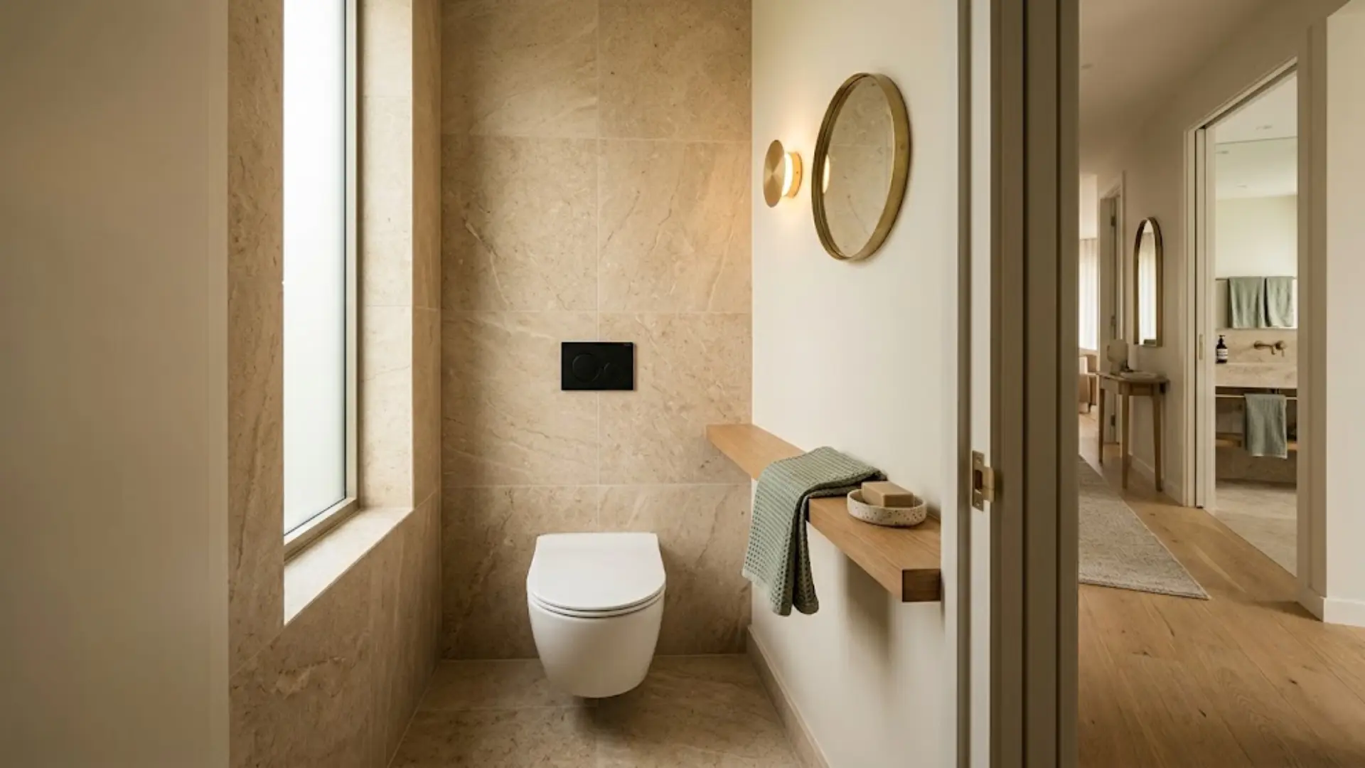 small separate water closet with stone tile walls, floating shelf, and brass sconce lighting