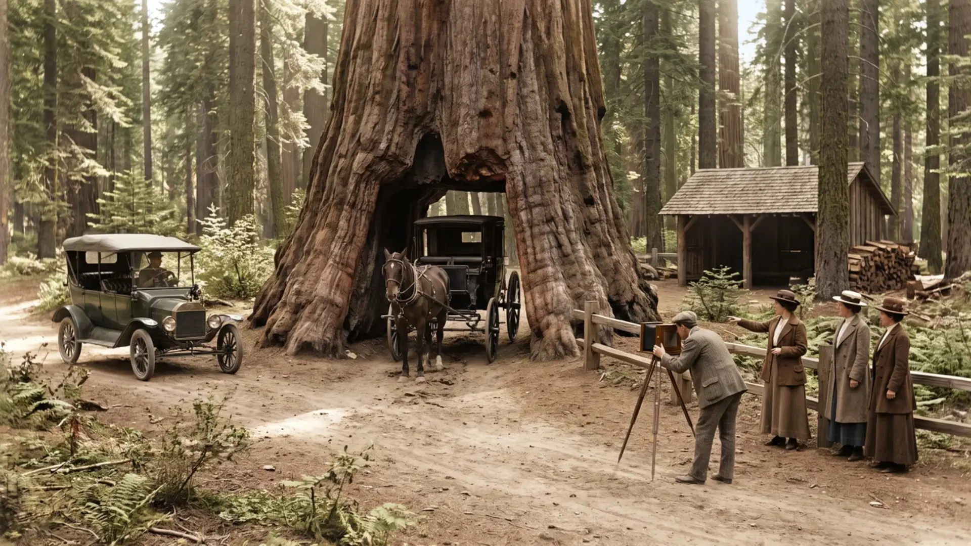 historic carriage passing through a giant tree tunnel during california's early tourism era