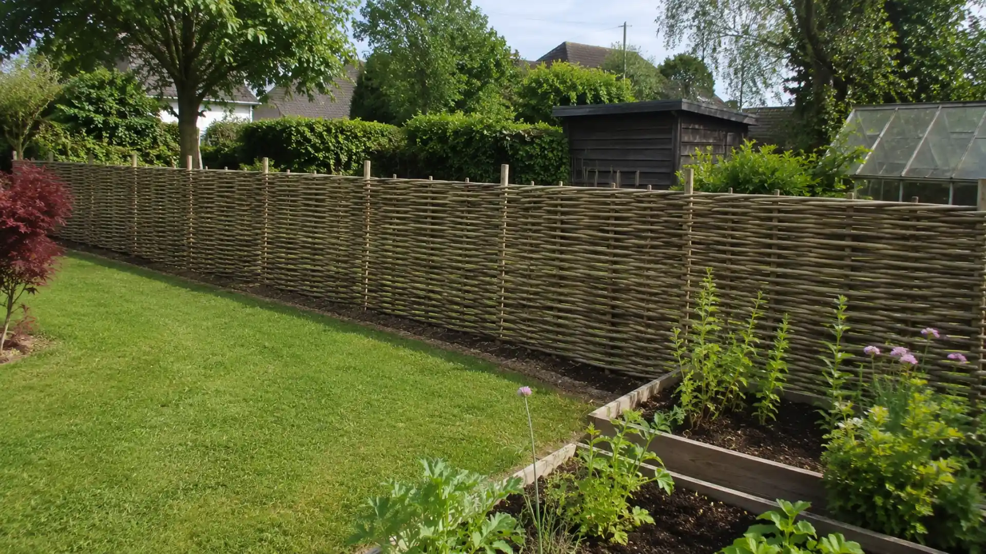 woven willow wattle fence bordering a backyard garden and greenhouse