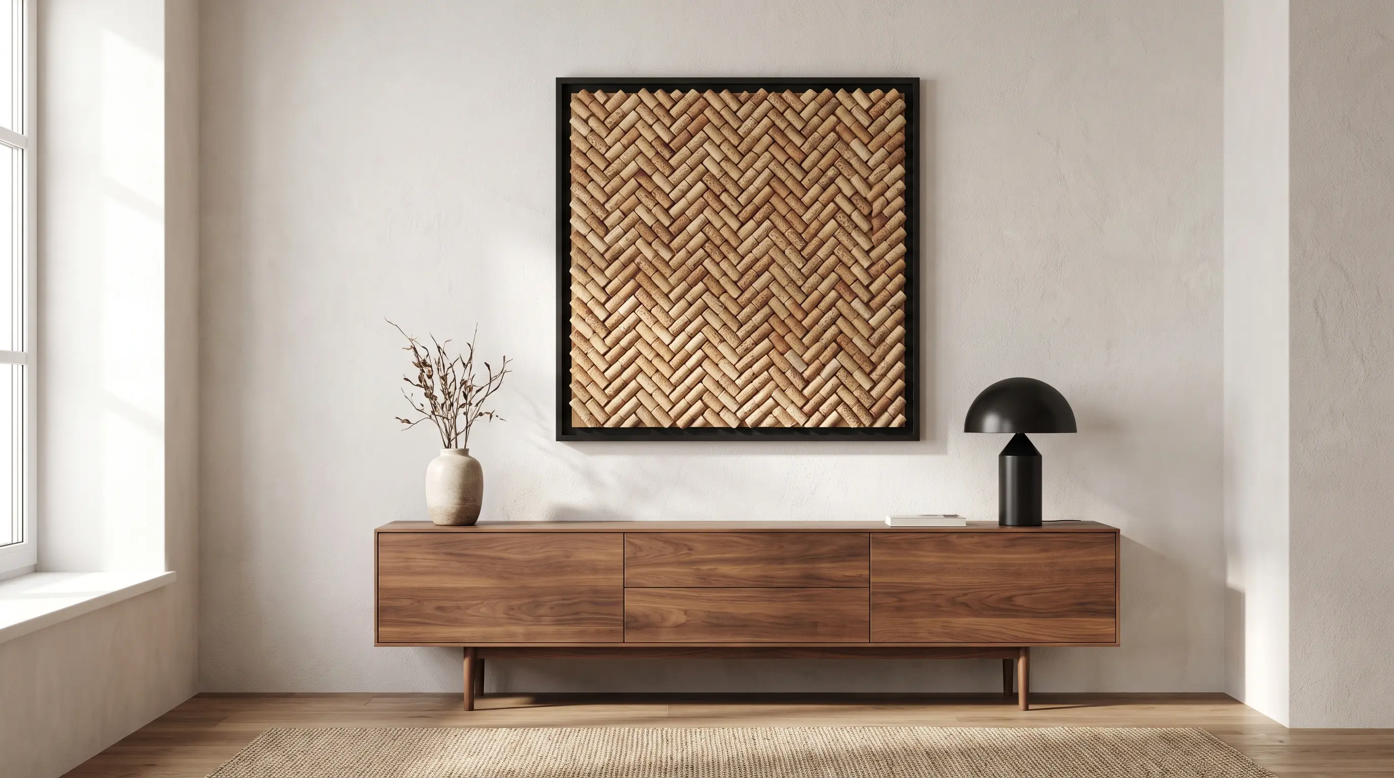 saved wine corks glued carefully onto a backing board to form a recycled decorative memo board