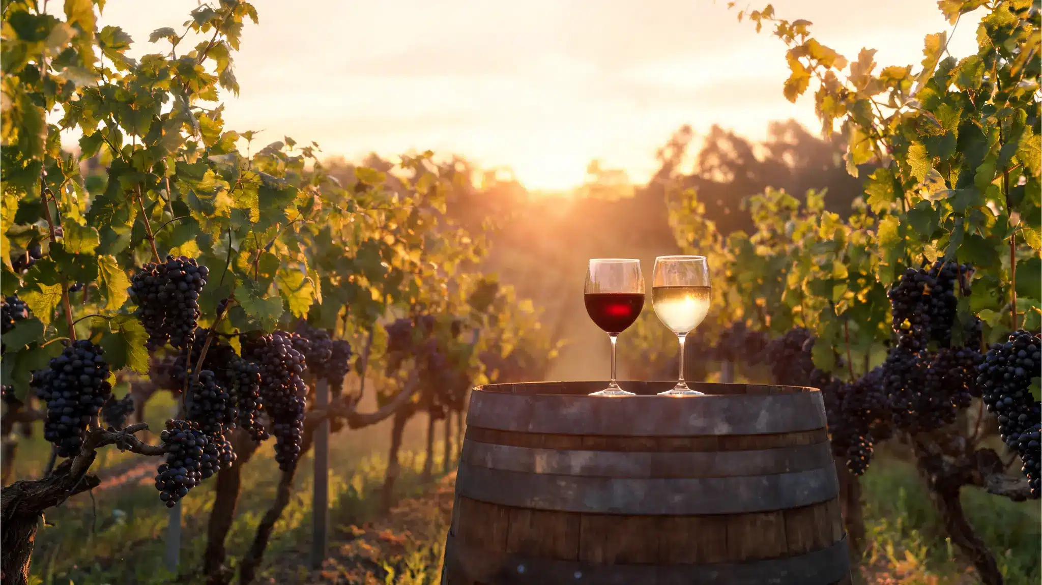 wine glasses on a barrel in a vineyard