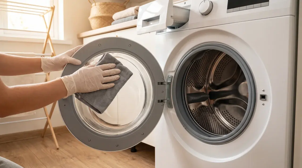 gloved hands wiping the door glass of a washing machine clean before leaving it open to dry