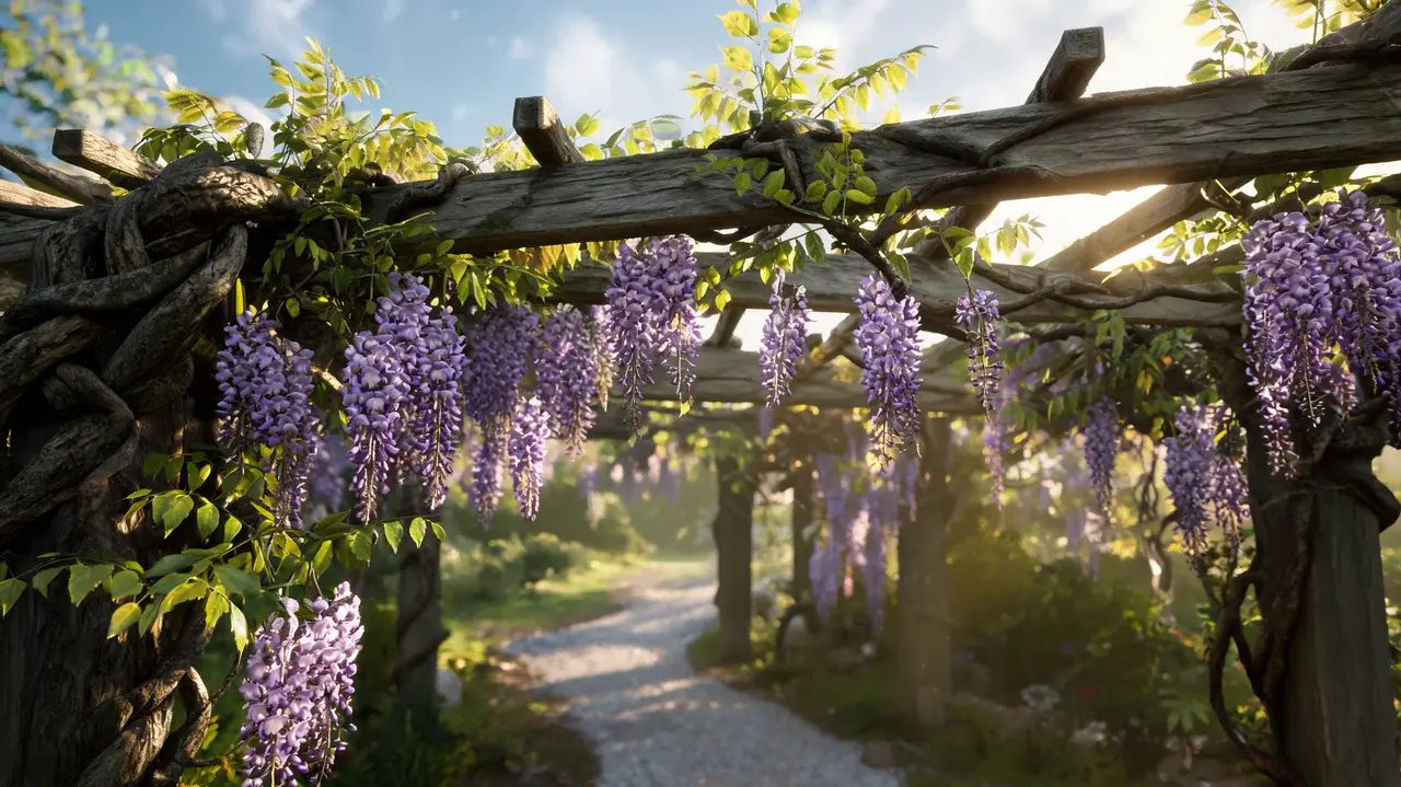 wisteria with hanging lavender flower clusters woody vines and green leaves draped over a garden pergola