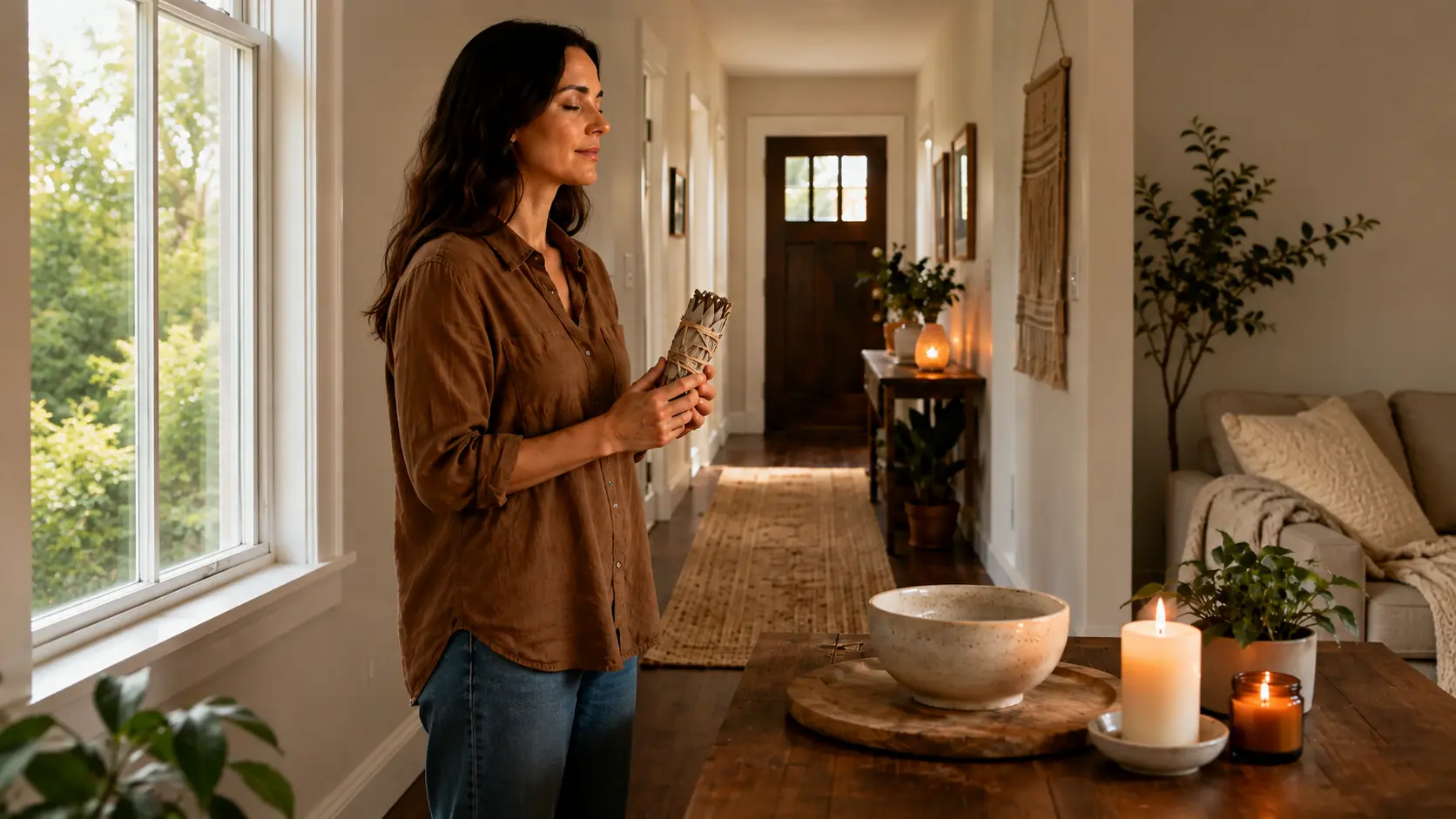 woman holding sage beside a sunlit window in a warm home with candles plants and a ceramic bowl