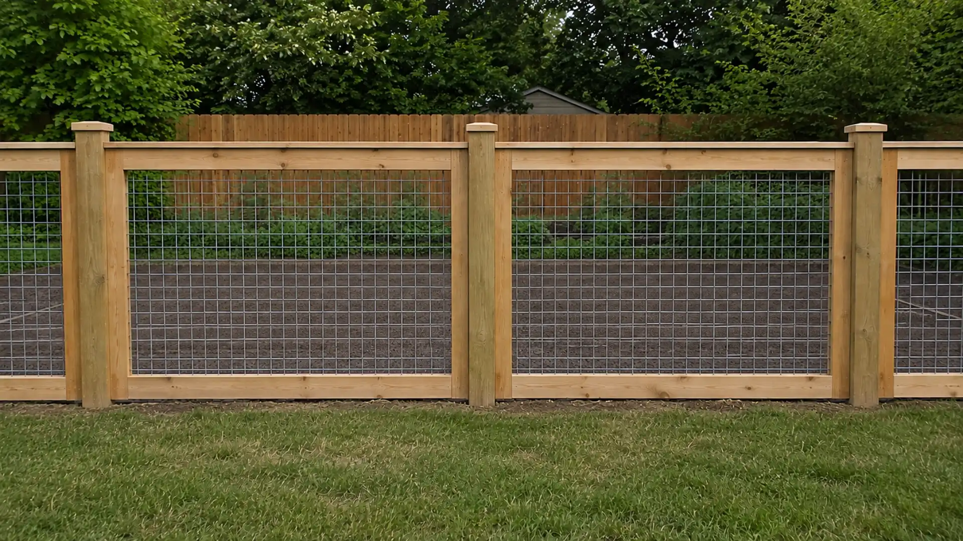wood-frame fence with wire mesh panels enclosing a garden bed