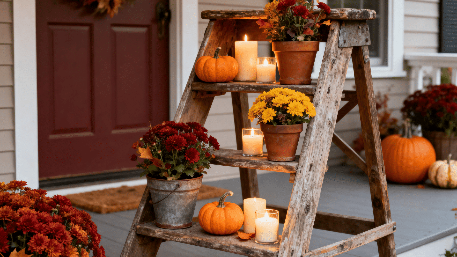 wooden ladder decorated with candles, pumpkins, and flower pots creating a charming rustic fall display.