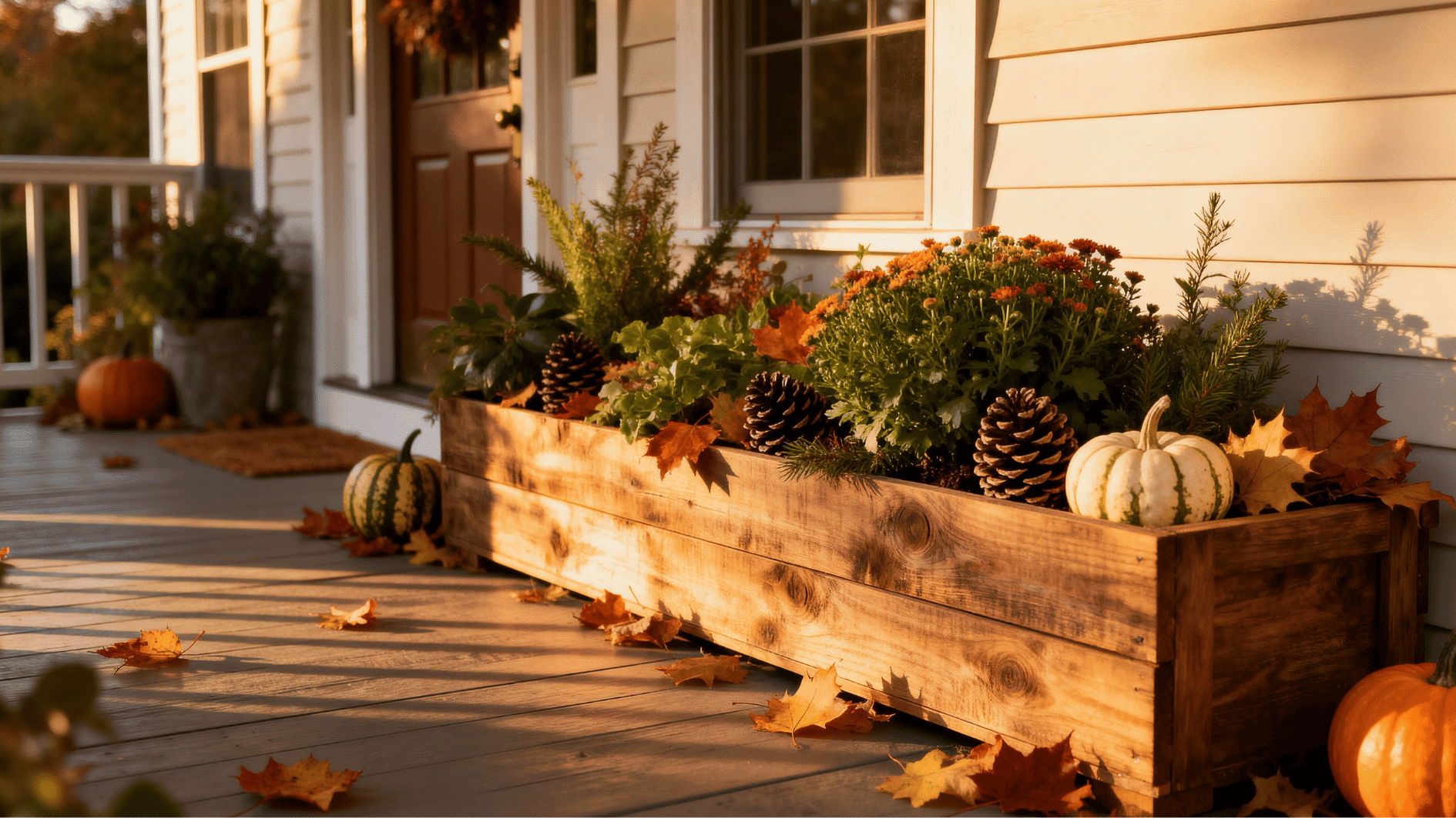 wooden planter box filled with mums, pinecones, pumpkins, and greenery on a warm autumn front porch.