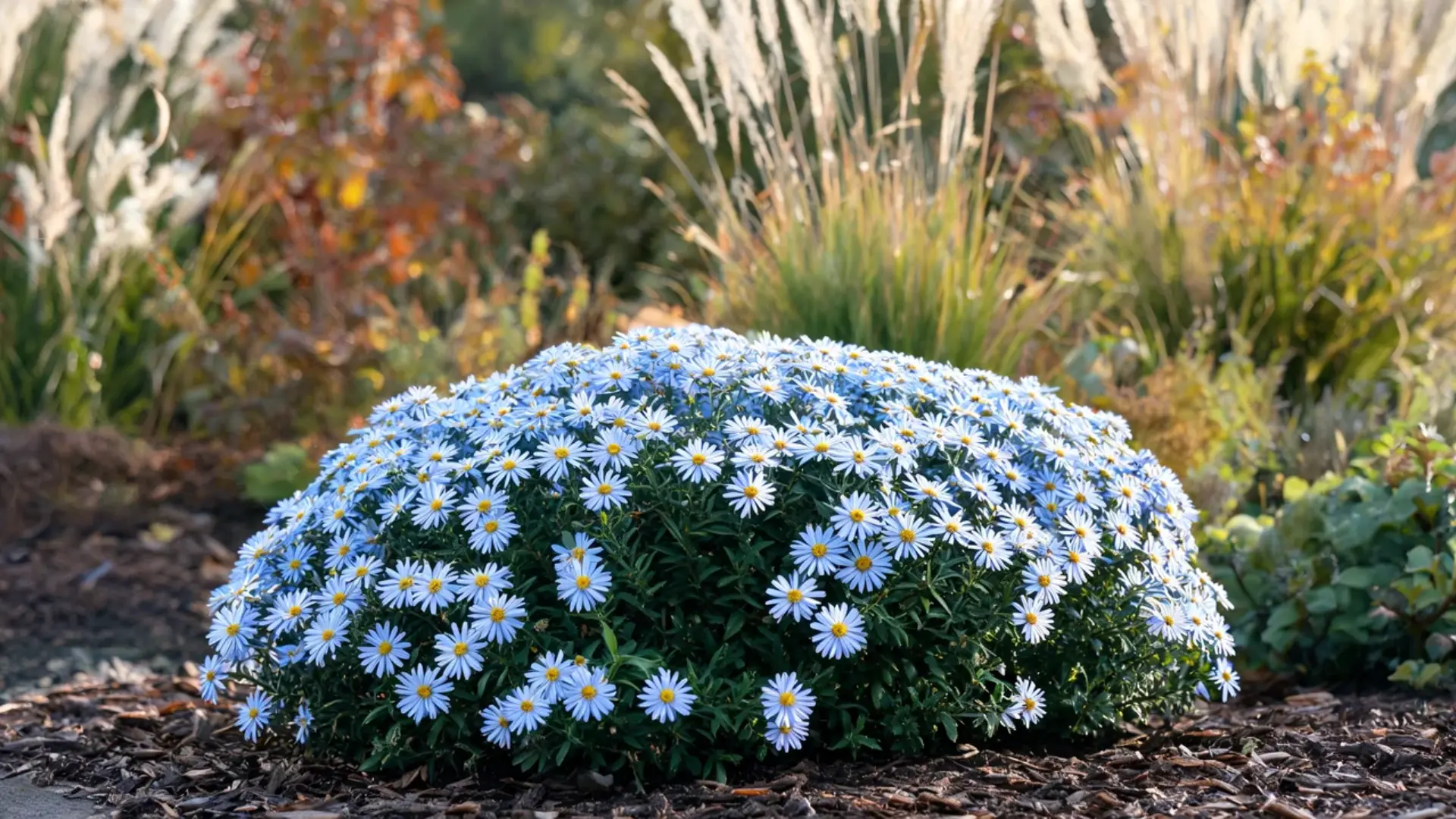 woods blue aster with pale blue daisy like flowers and yellow centers in a fall garden border