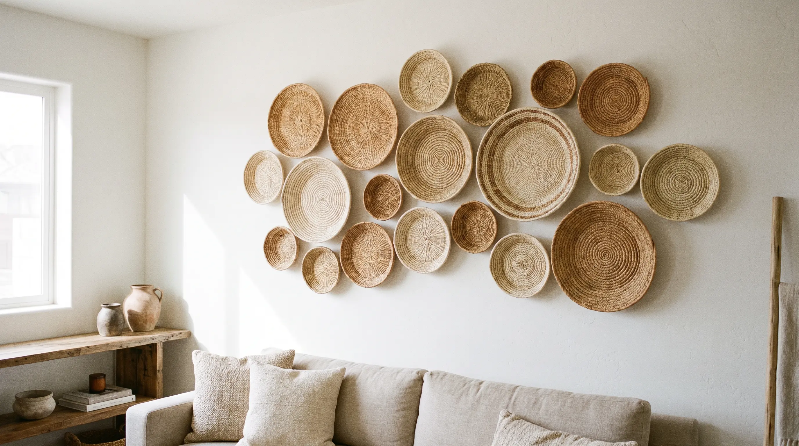 a group of shallow woven baskets arranged together on the wall to form a warm textured display