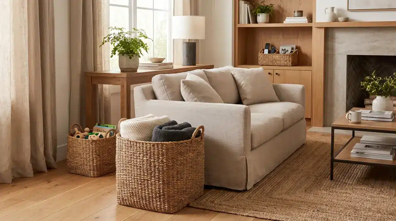 woven storage baskets arranged on open shelving used for organizing blankets and small items