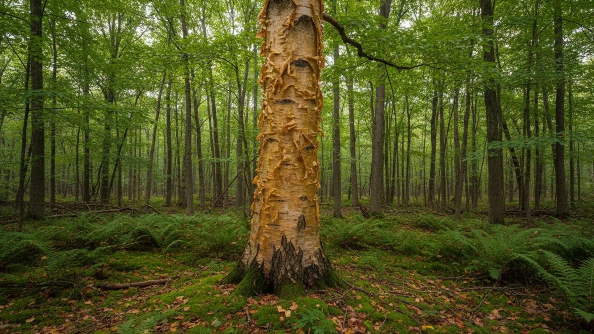 large yellow birch trunk with golden bronze peeling bark stands among ferns in a quiet green forest