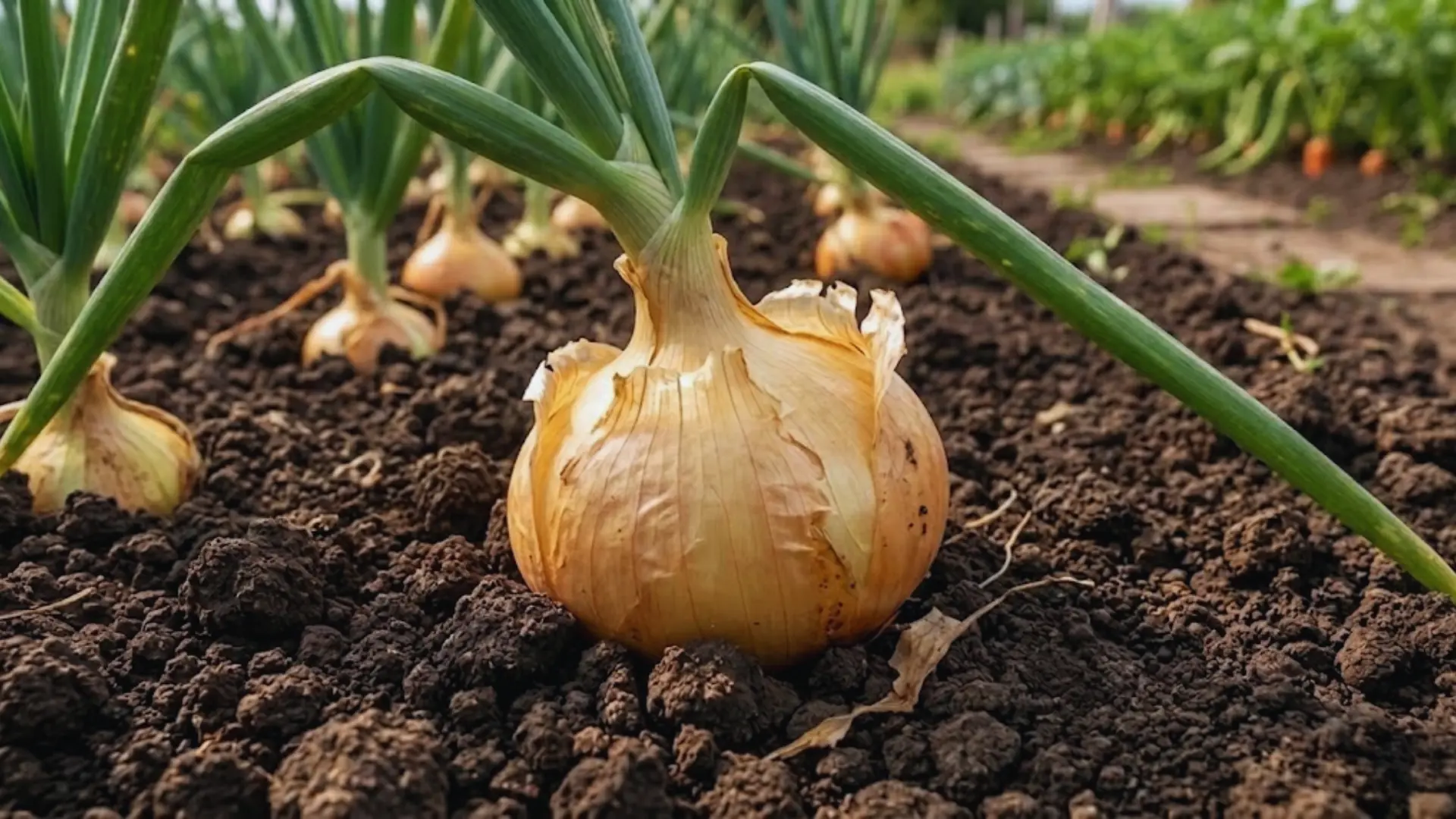 yellow onion growing in dark soil with green stalks under daylight in a vegetable garden