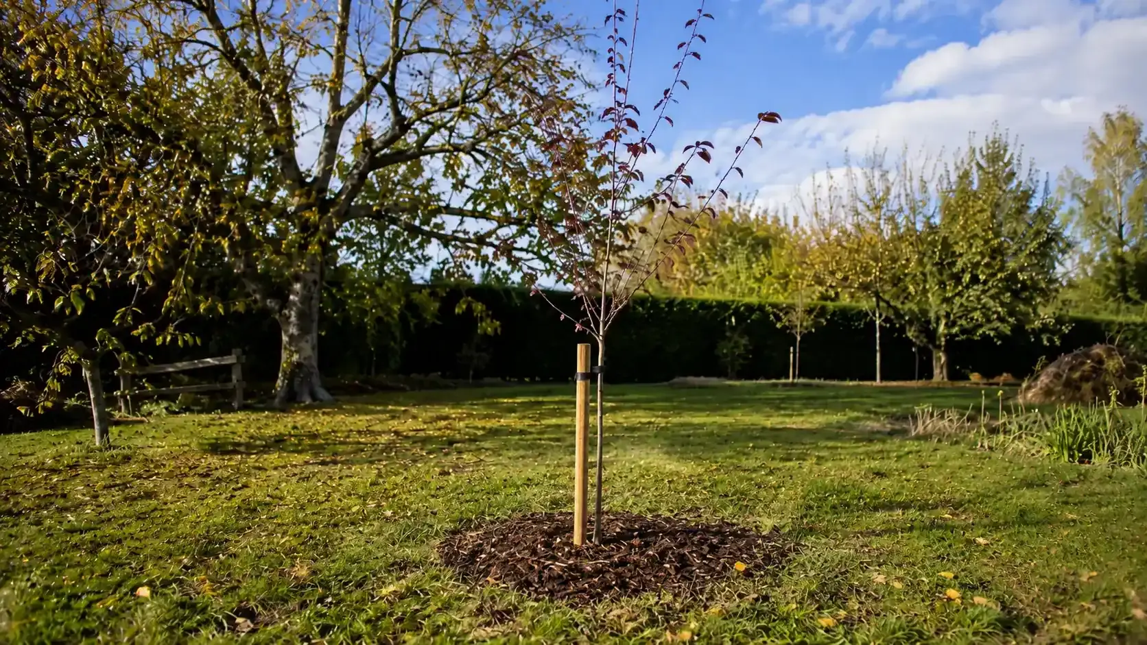 young cherry plum tree supported by stakes and mulch growing in a sunny garden with green lawn