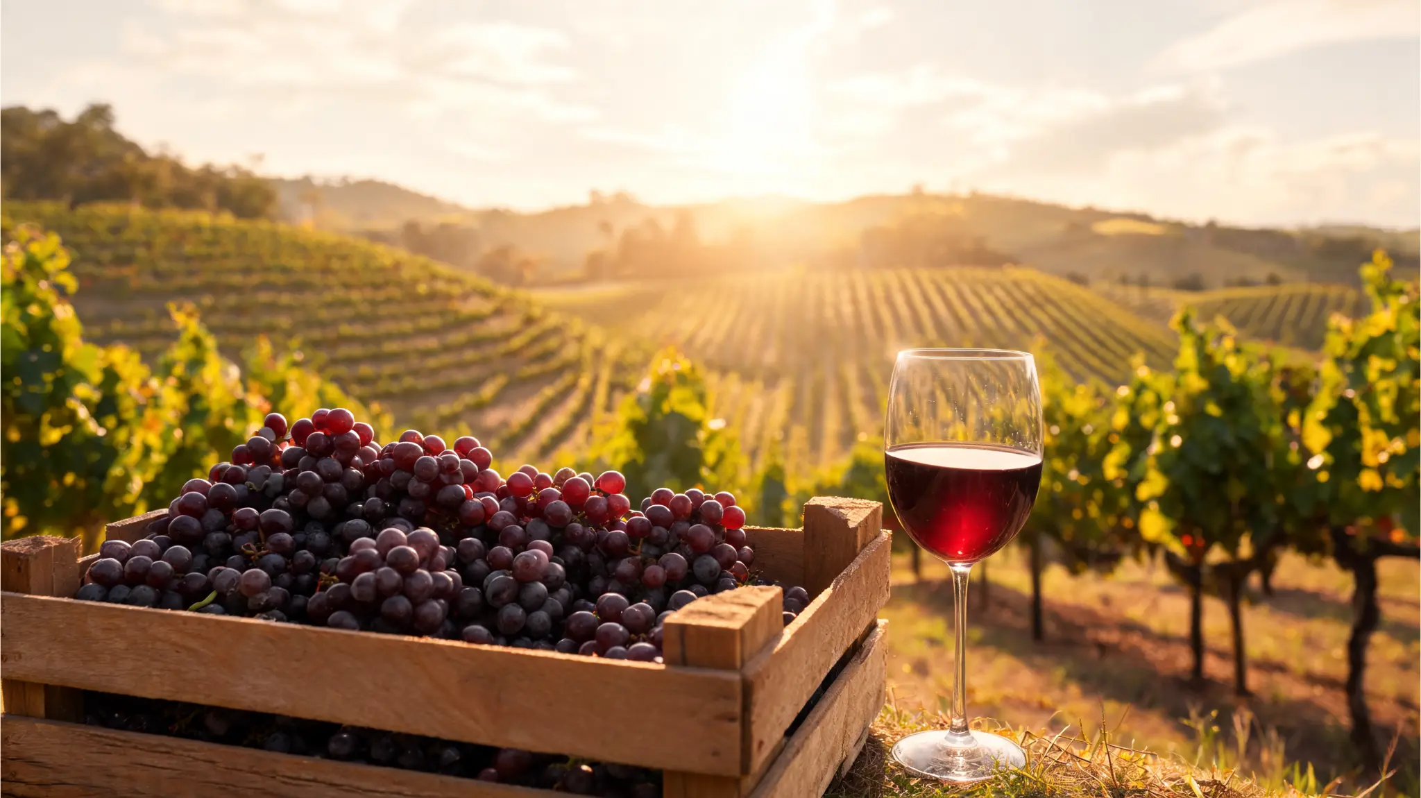 zinfandel grapes in a vineyard harvest crate with red wine