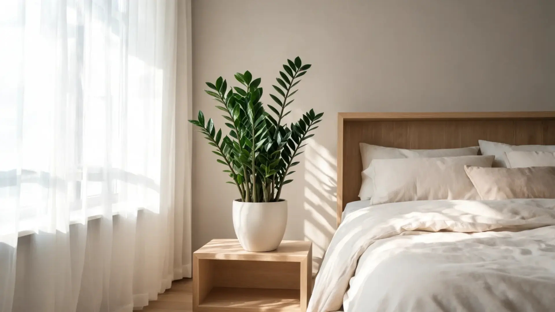 zz plant with glossy dark green stems in a white pot on a wooden bedside table by a bright window