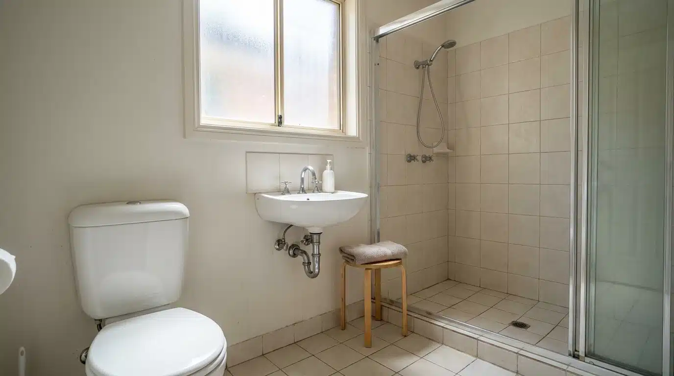 three quarter bathroom fixtures including a white toilet wall sink and tiled glass shower stall