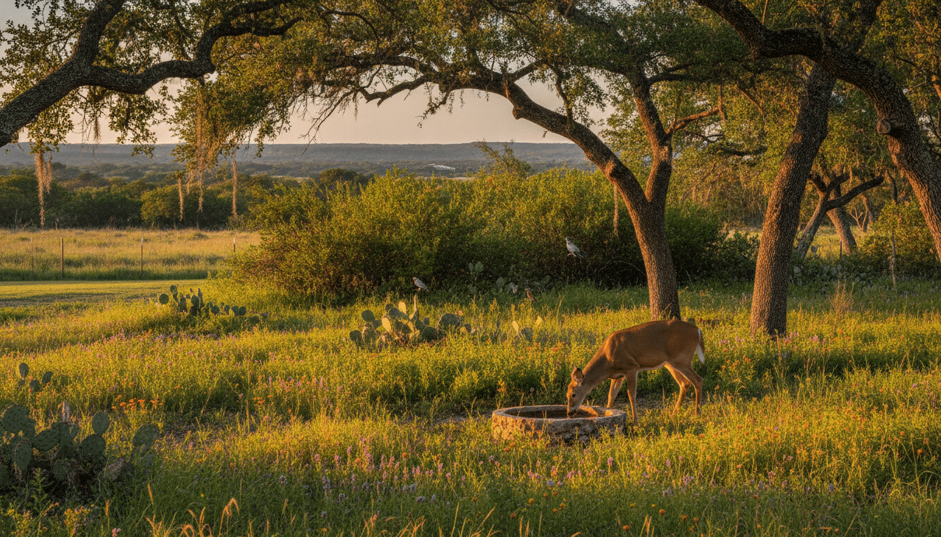 Deer grazing near stone water trough in sunlit meadow with wildflowers and trees