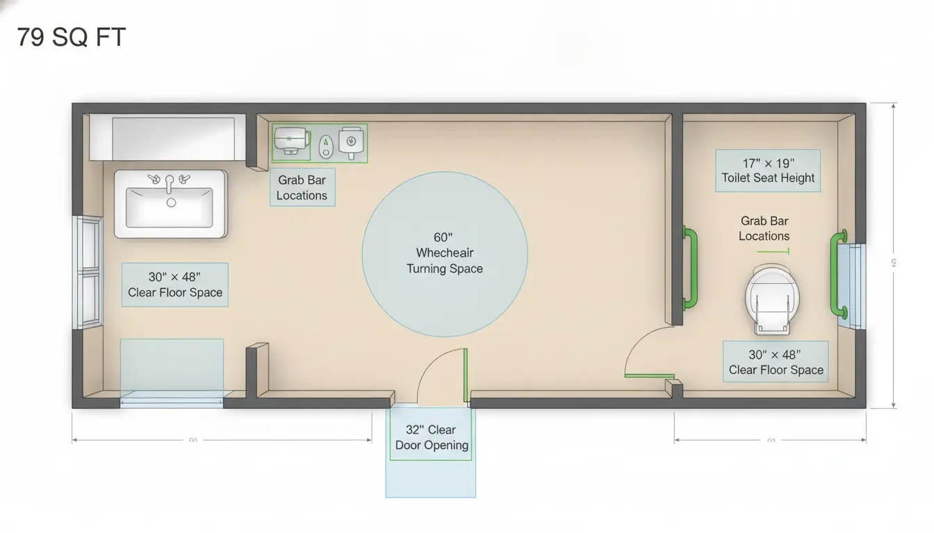 labeled floor plan of an accessible bathroom showing clear floor spaces, grab bar locations, and a shared turning space