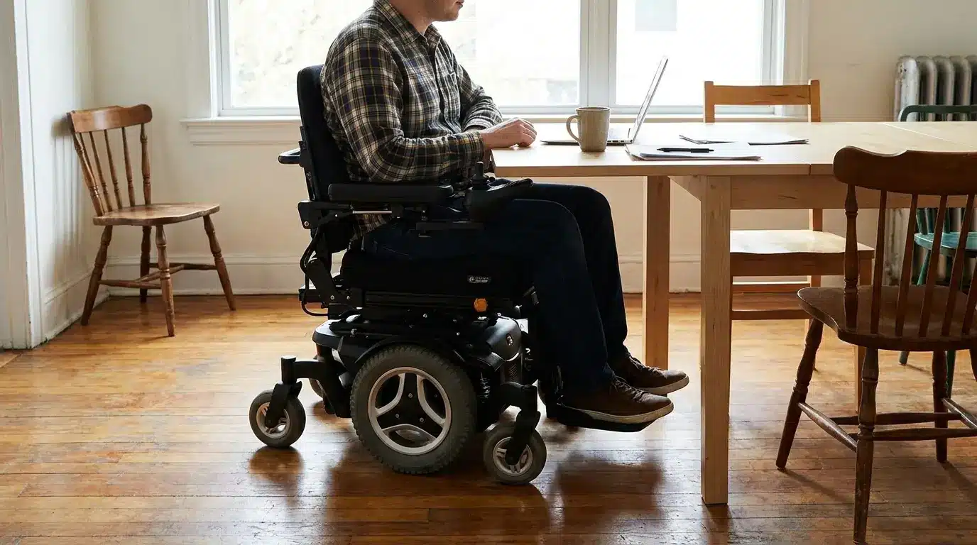 wheelchair user seated at an accessible work surface with open knee space in a bright room