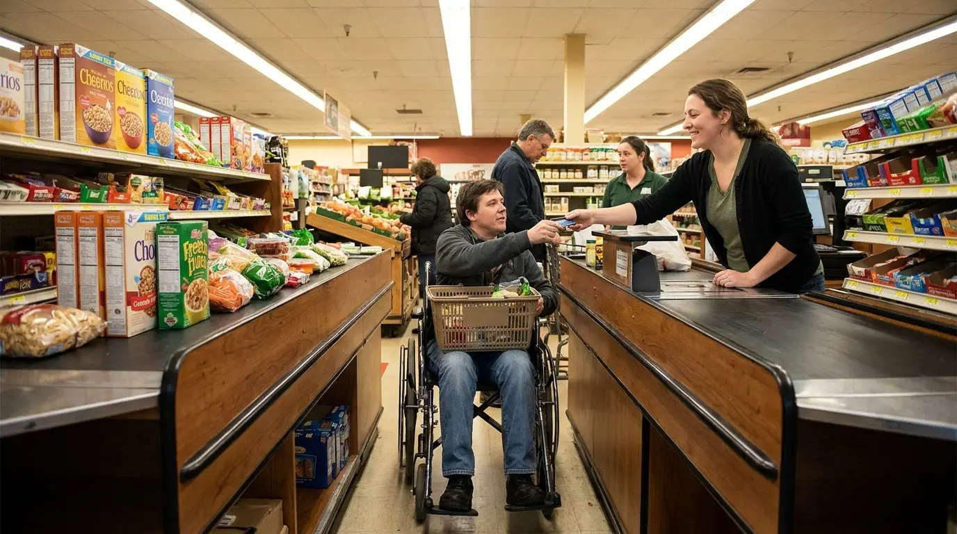 wheelchair user paying at an accessible grocery checkout aisle with cashier and store shelves nearby