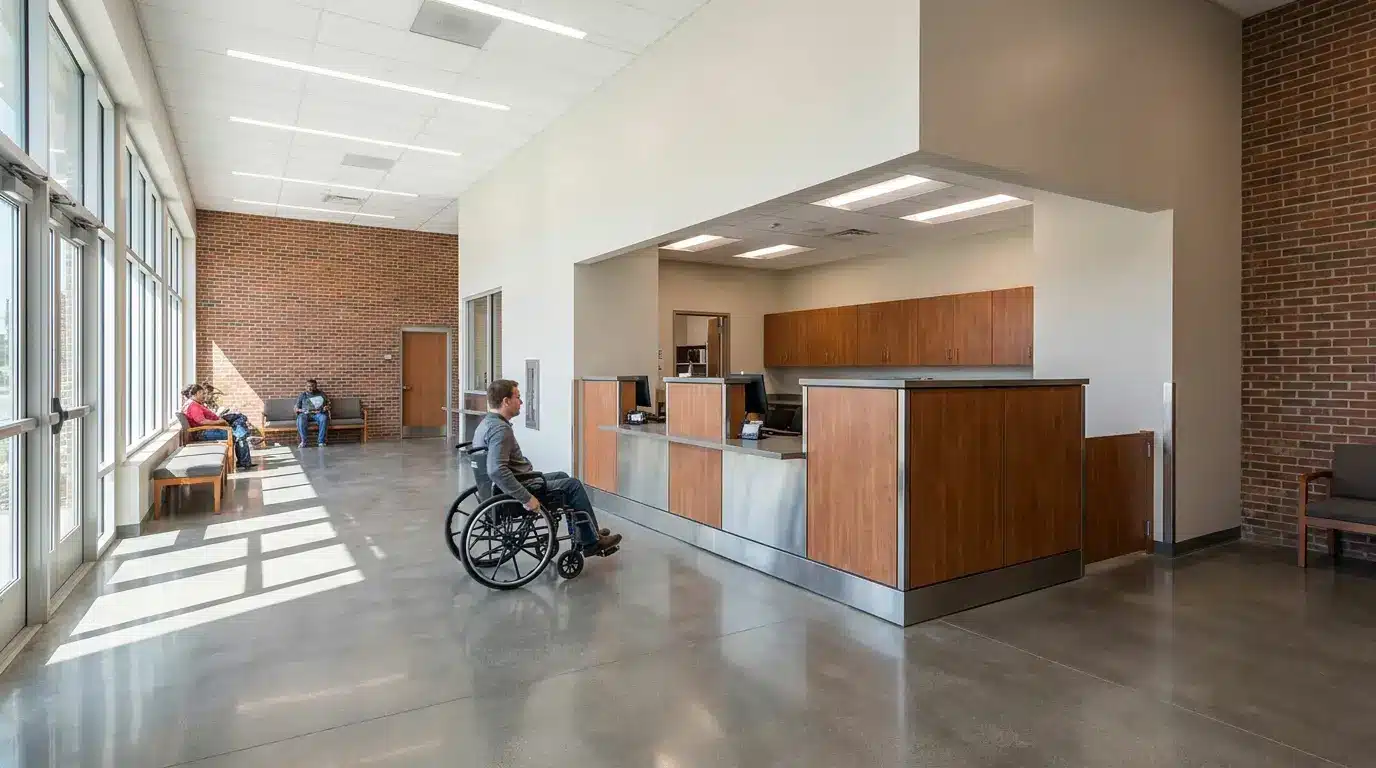 wheelchair user approaching an accessible service counter across open and unobstructed floor space