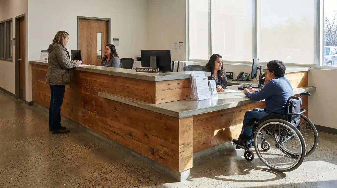 wheelchair user speaking with staff at a service counter that includes a lower accessible section