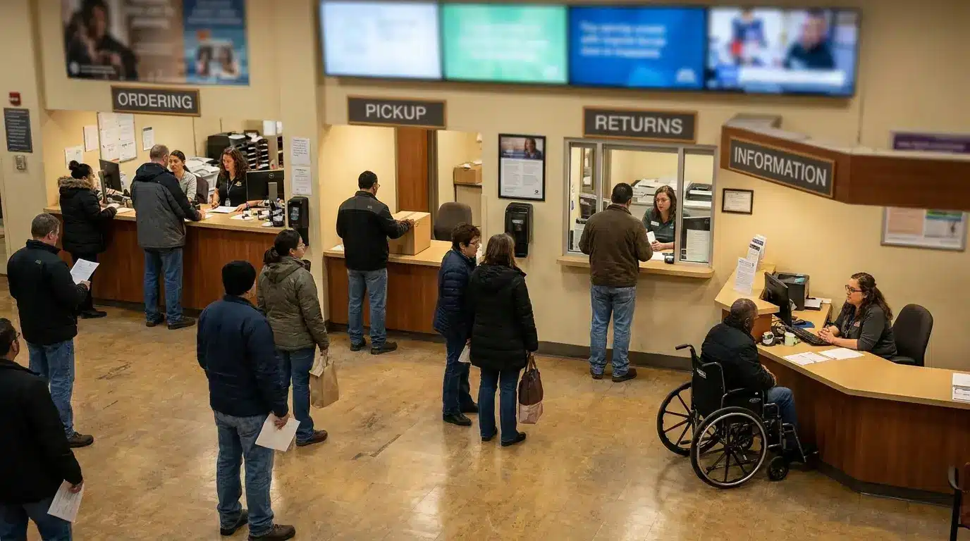 public service area with ordering pickup returns and information counters including accessible sections