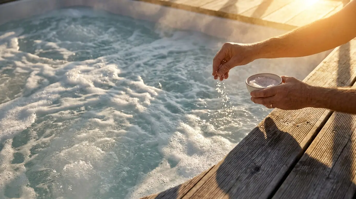 Hand sprinkling salt into outdoor hot tub during sunset