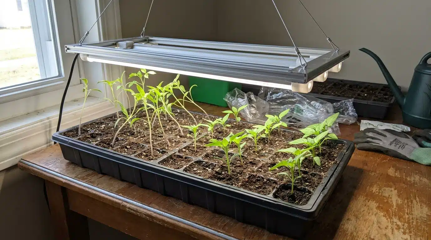 young seedlings growing beneath an indoor grow light positioned close above several seed starting trays