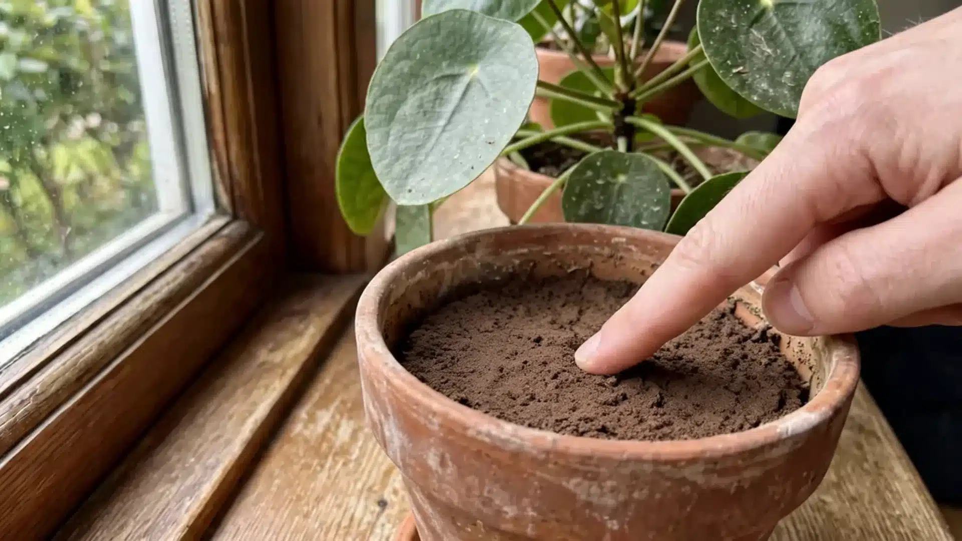 finger pressed into dry cracked soil inside a terracotta pot resting on a wooden windowsill