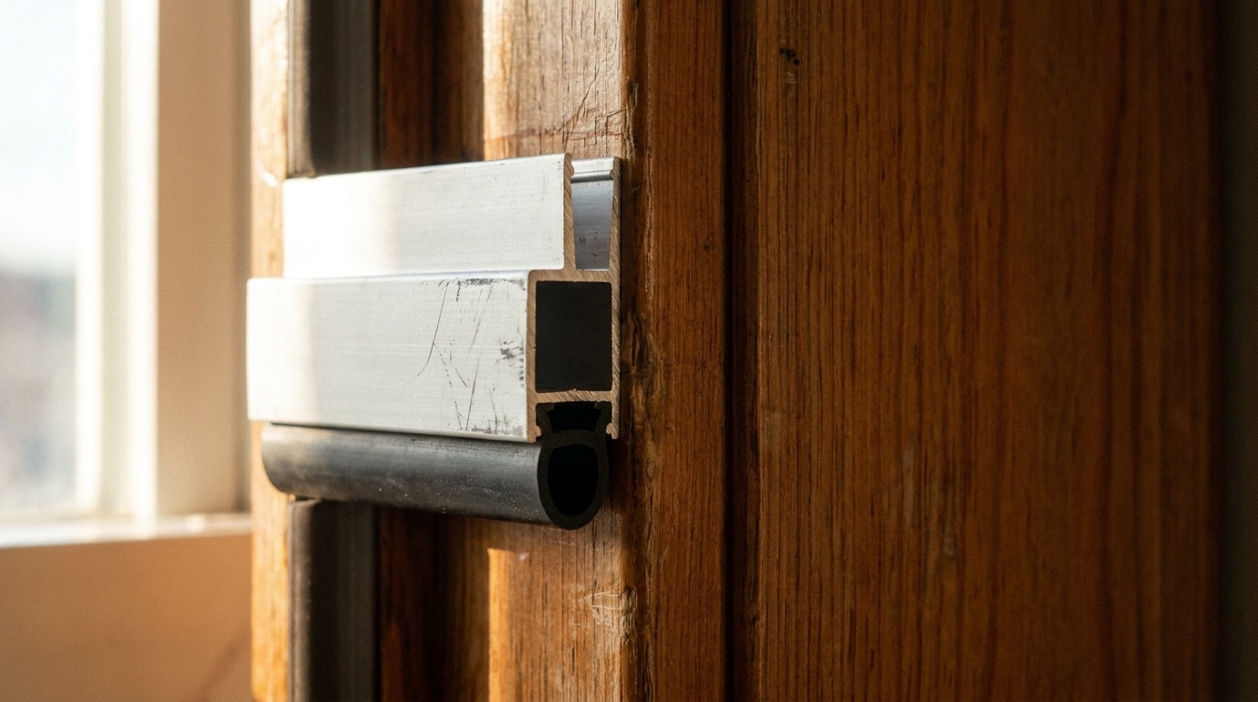 Metal weather door seal attached to wooden door frame in warm natural light