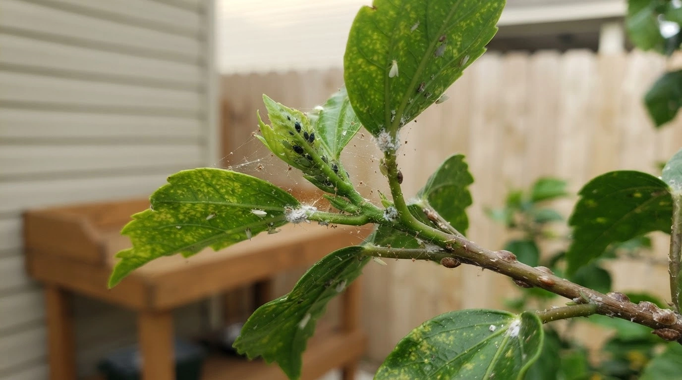 close view of hibiscus leaves showing webbing aphids whiteflies mealybugs and scale on stems