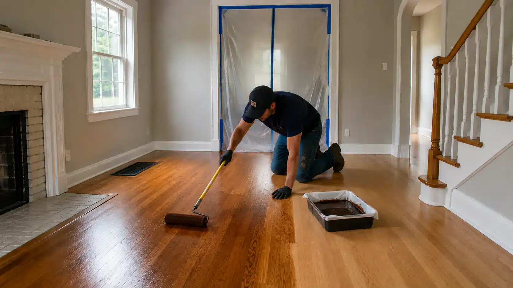 worker applying wood stain across a hardwood floor with a long handled roller for an even color