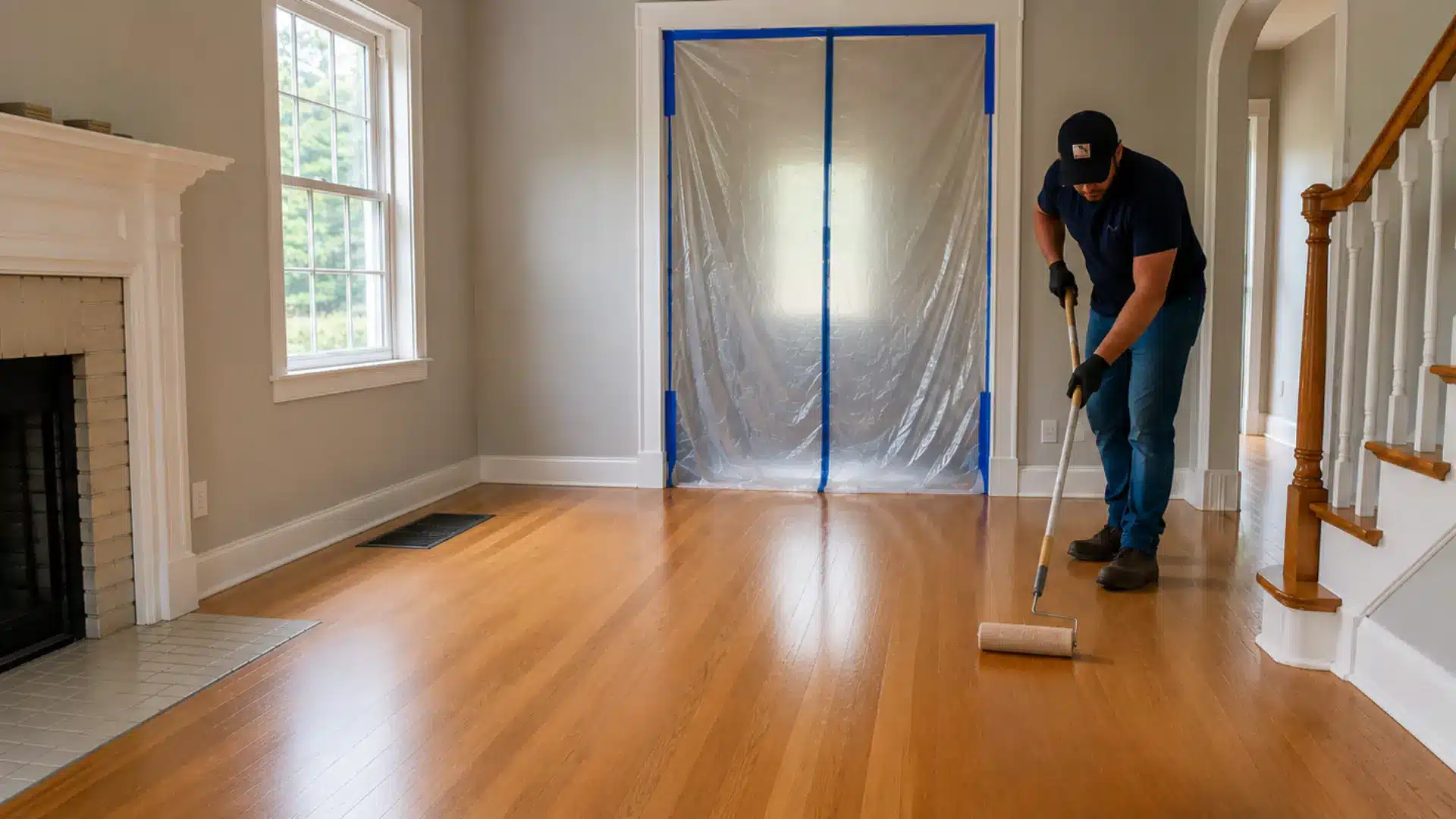 worker applying a protective finish to a hardwood floor with a roller while standing on the dry section