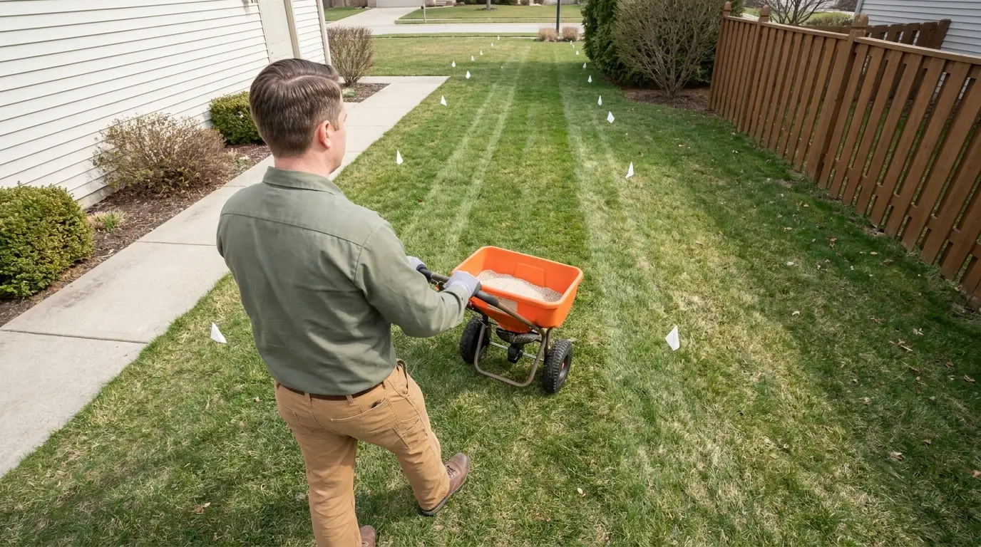 american homeowner pushing a broadcast spreader in straight passes across a marked spring lawn