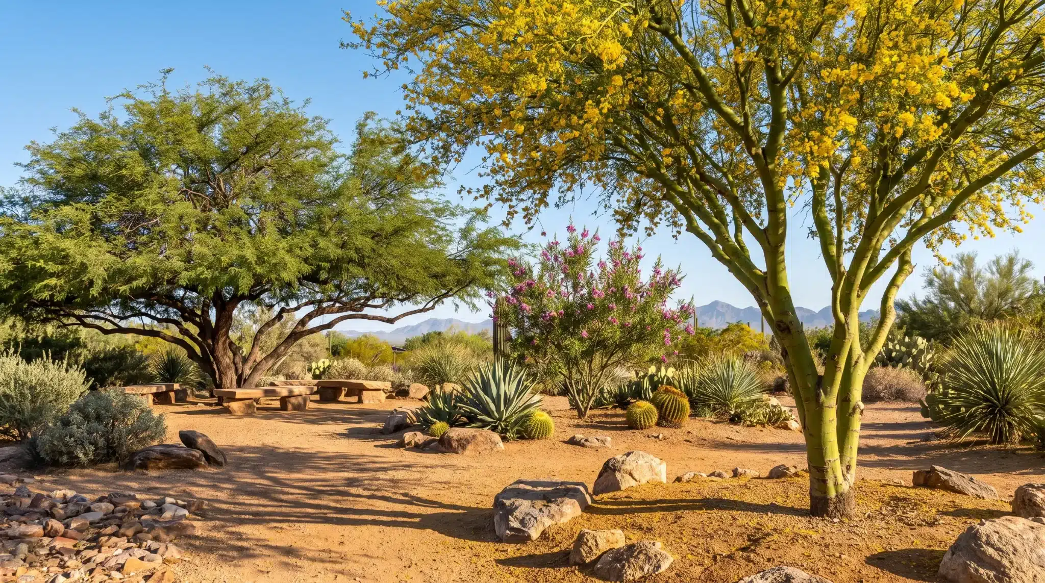 arizona desert yard with palo verde mesquite and willow trees creating natural shade and greenery
