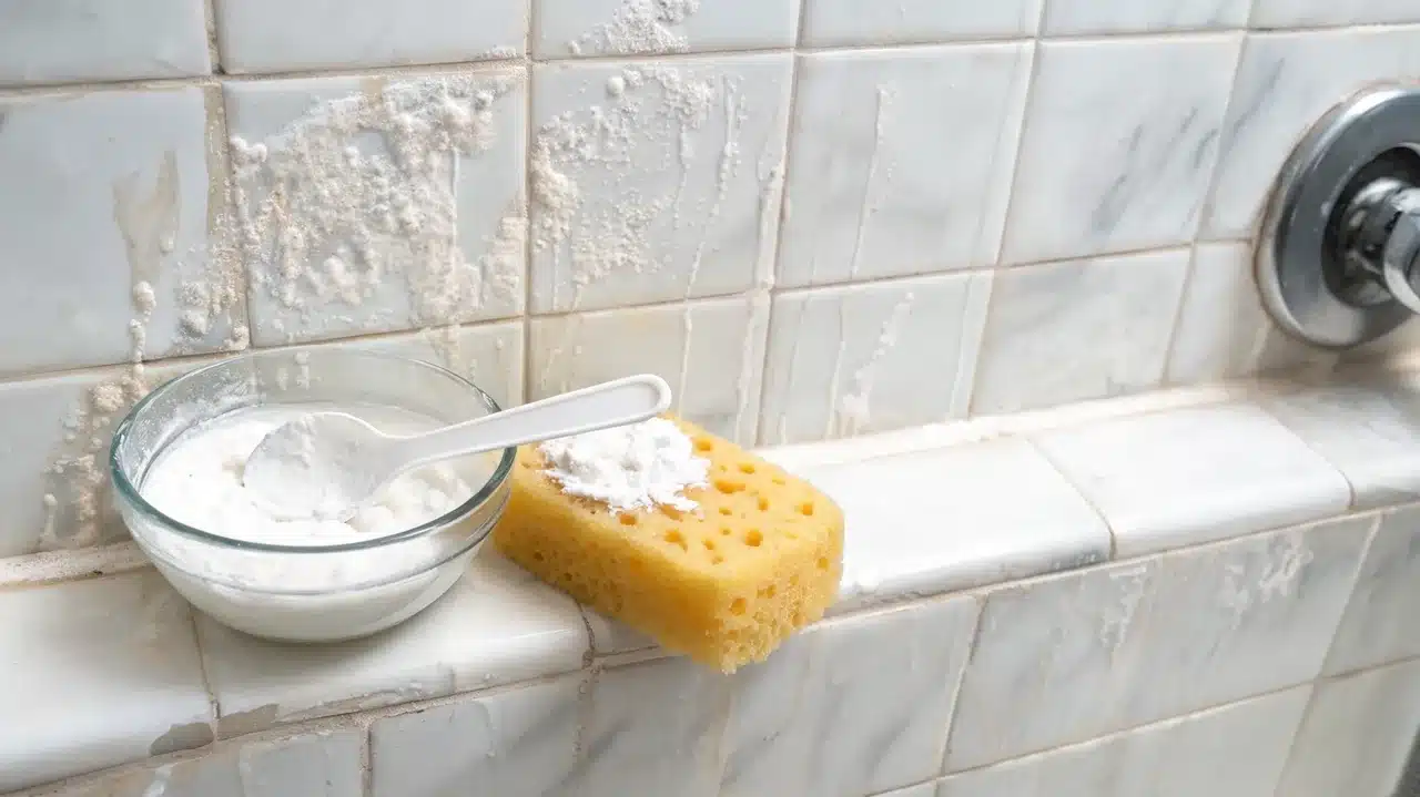 a glass bowl of baking soda paste with a spoon beside a sponge on soap covered white marble bathroom tiles