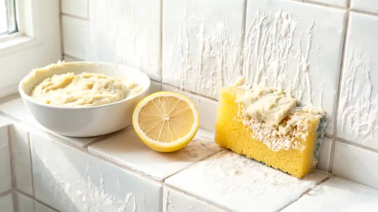 a bowl of baking soda paste beside a halved lemon and a soaked sponge resting on white bathroom shower tiles